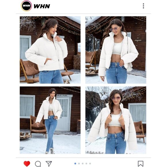 Women’s Jacket Puffer Quilted Jackets Long Sleeve Stand Collar Zipper Warm White - Picture 4 of 6